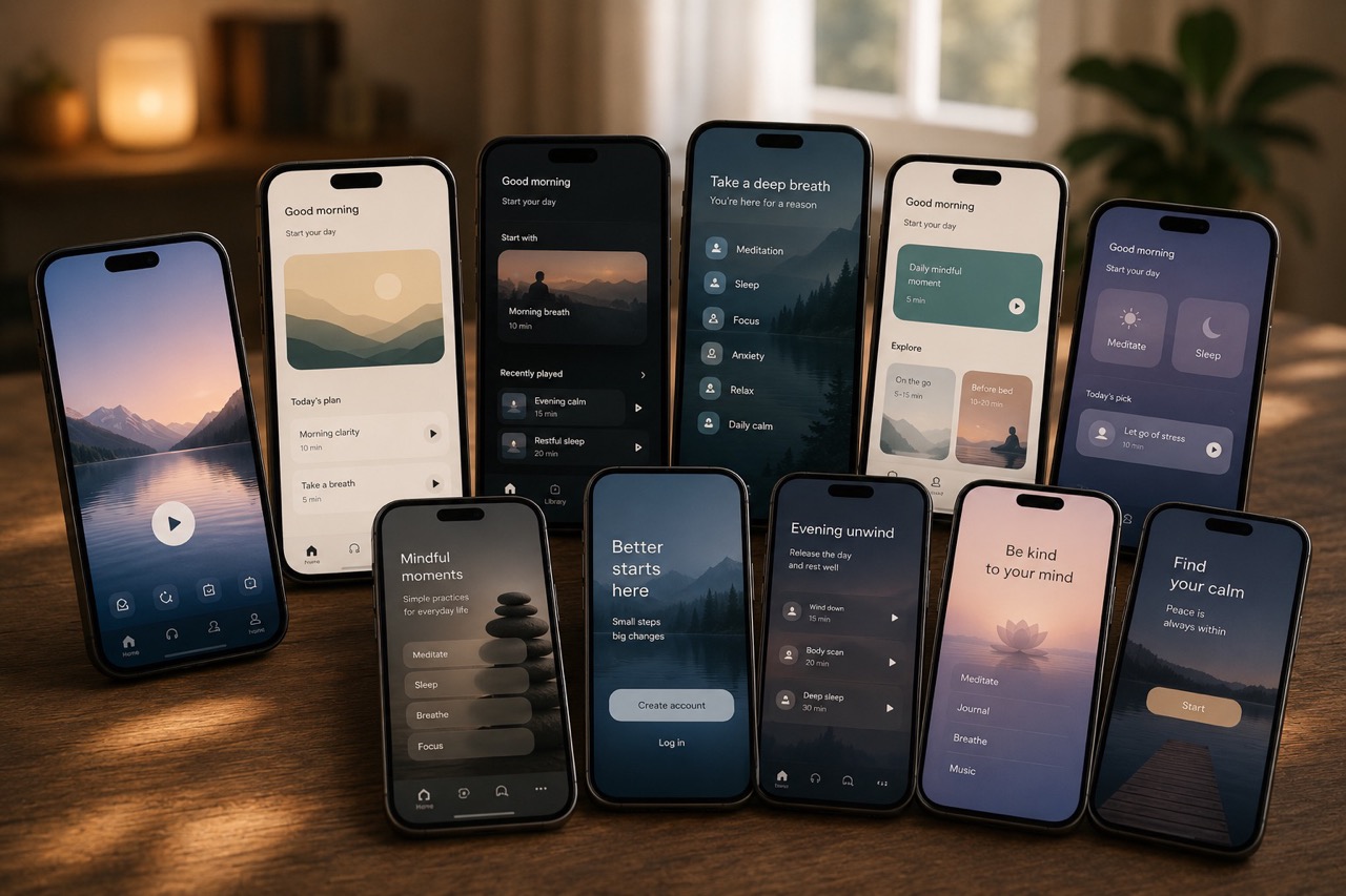 Teléfonos con apps de meditación rodeados de distracciones