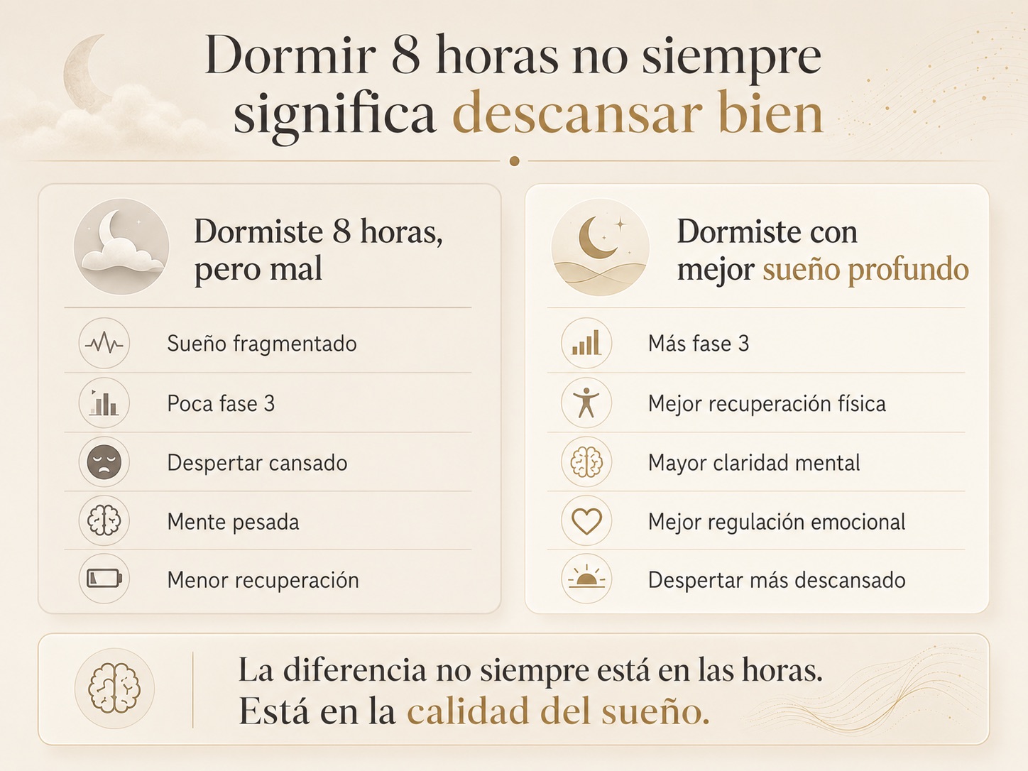 Comparación entre dormir ocho horas con poco sueño profundo y dormir con mejor fase 3, mostrando diferencias en recuperación, claridad mental y descanso
