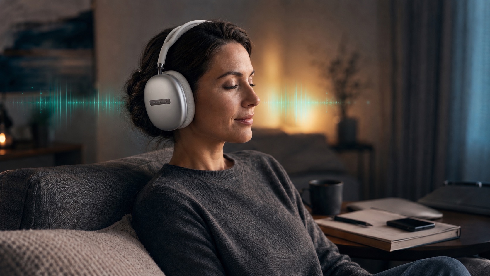 Persona usando audífonos NeuroSinc mientras realiza una pausa para calmarse en casa