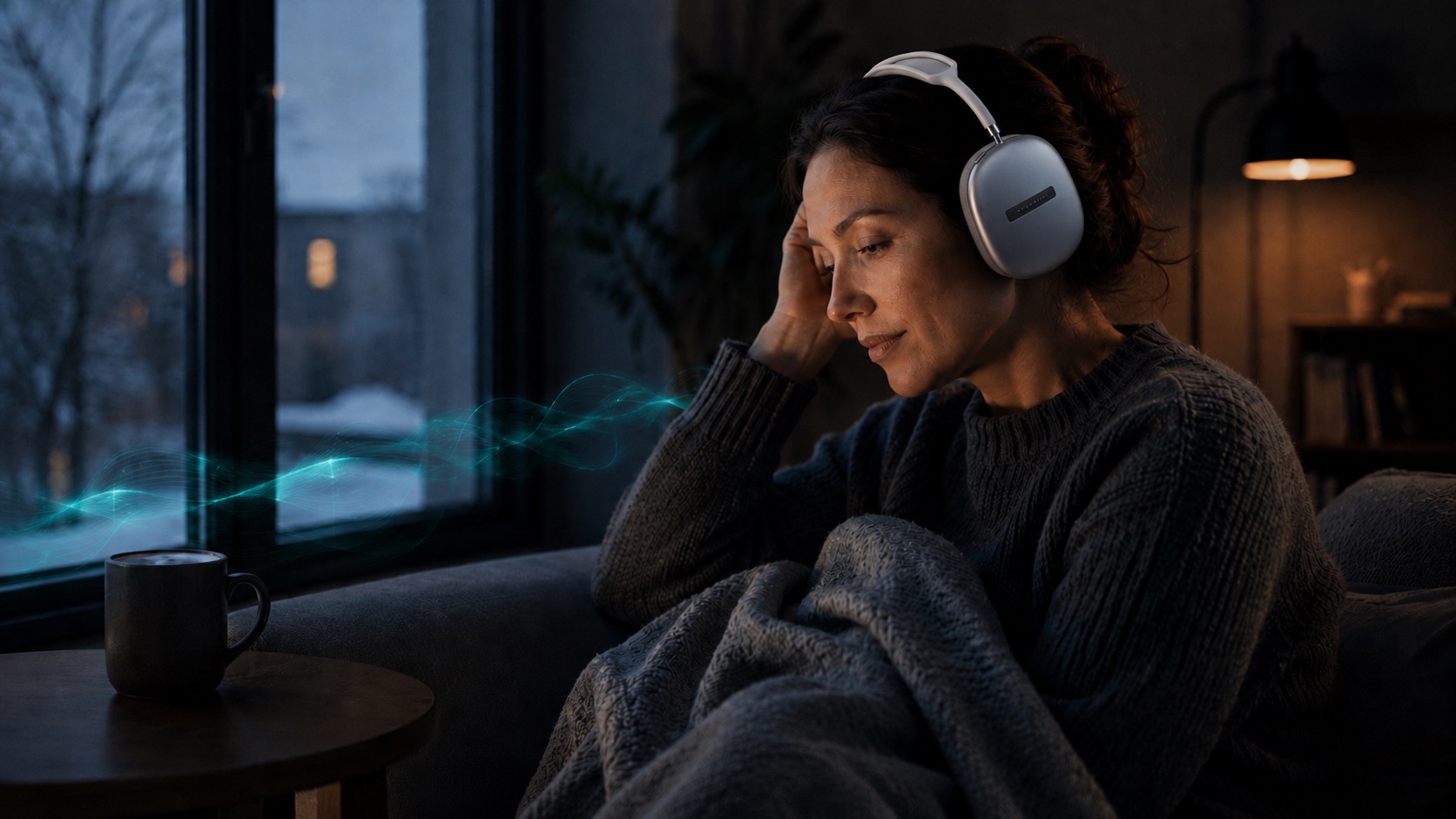 Persona en una mañana de invierno con poca luz natural, usando audífonos NeuroSinc para acompañar una rutina de descanso
