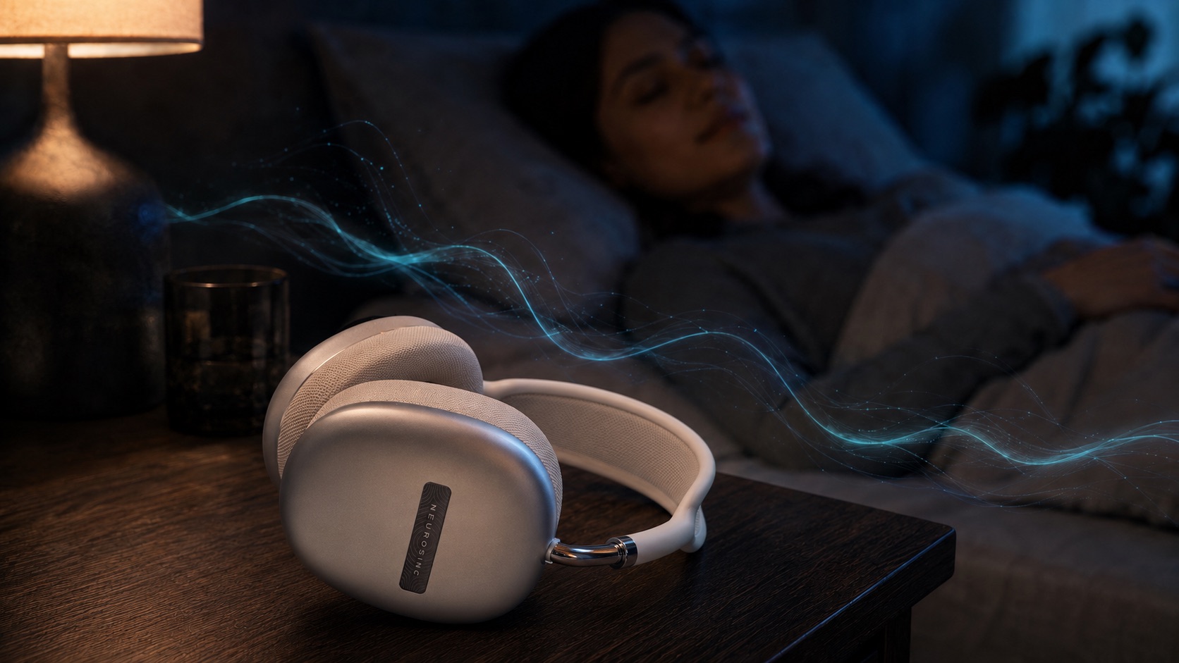 Audífonos NeuroSinc con ondas de sonido en una escena nocturna, representando frecuencias para dormir