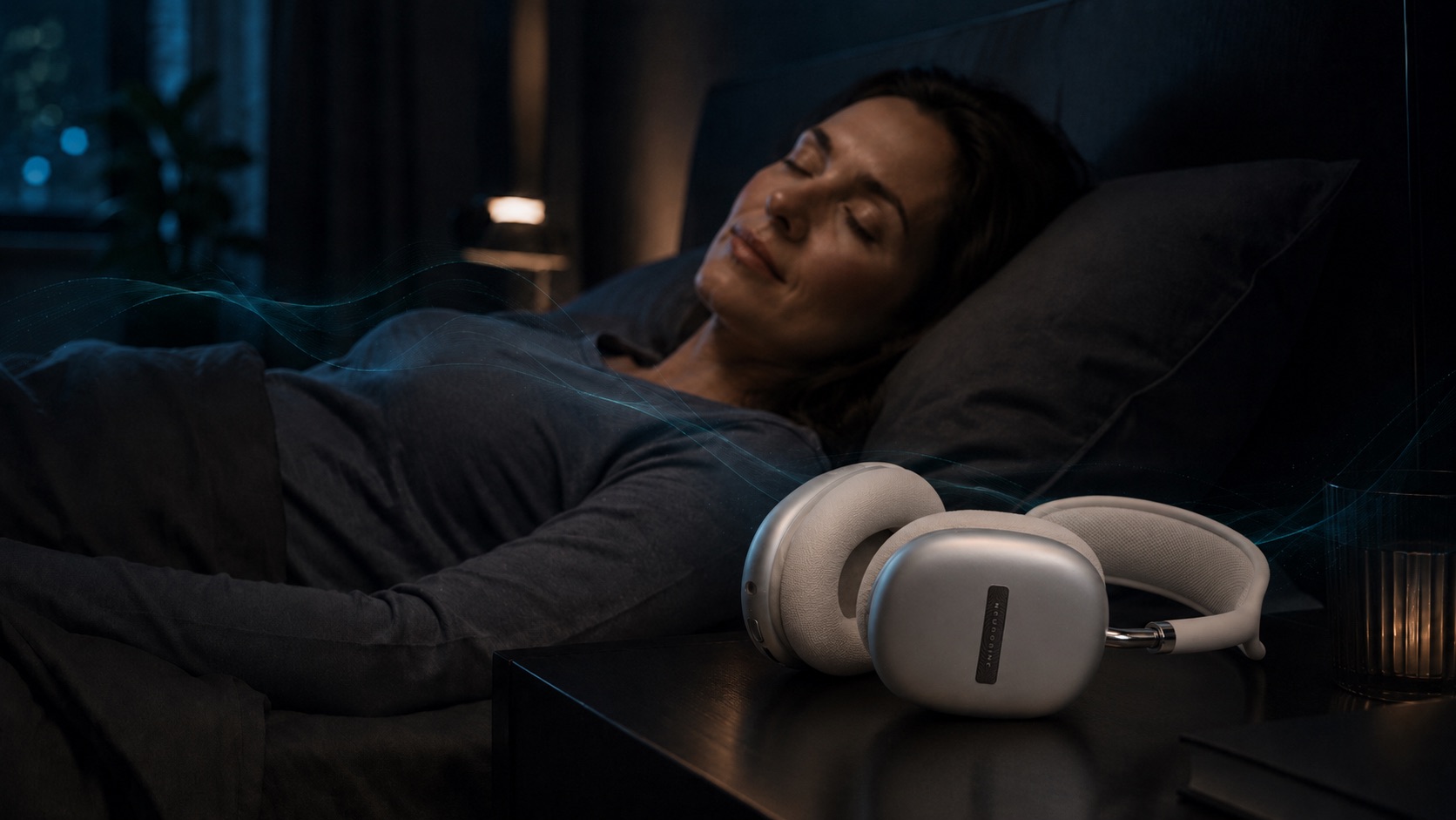 Audífonos NeuroSinc en una habitación tranquila durante la noche, representando sonidos para dormir y relajar la mente
